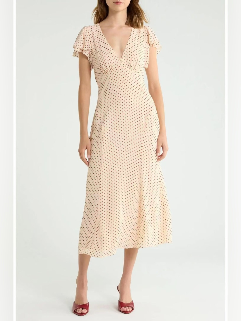 New Reformation Frost Cream Polka Dot Midi Dress - Elegant V-Neck size 6